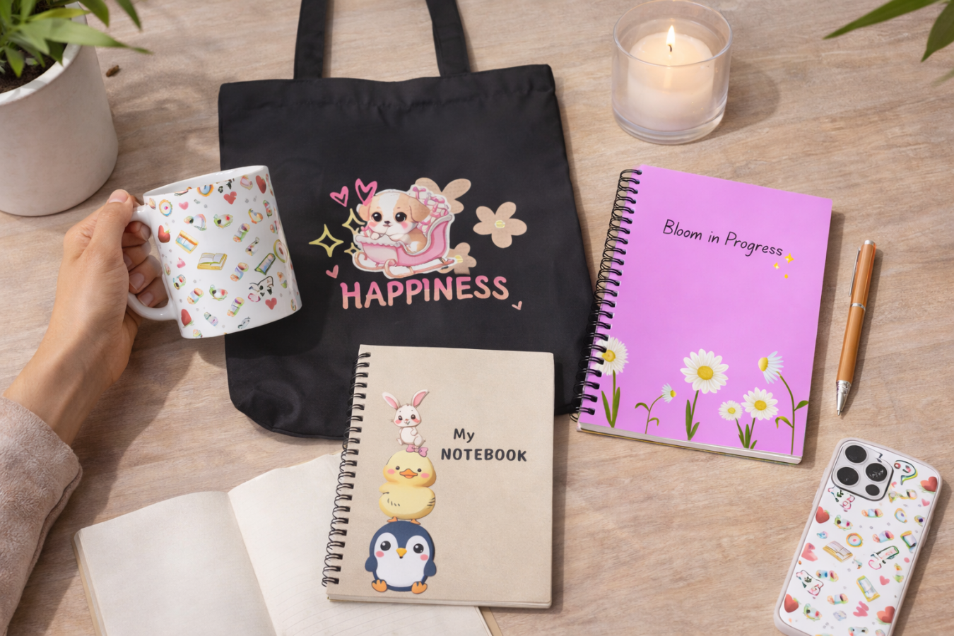 Table with a tote bag, notebook, phone, and mug featuring cartoon designs on a wooden surface.
