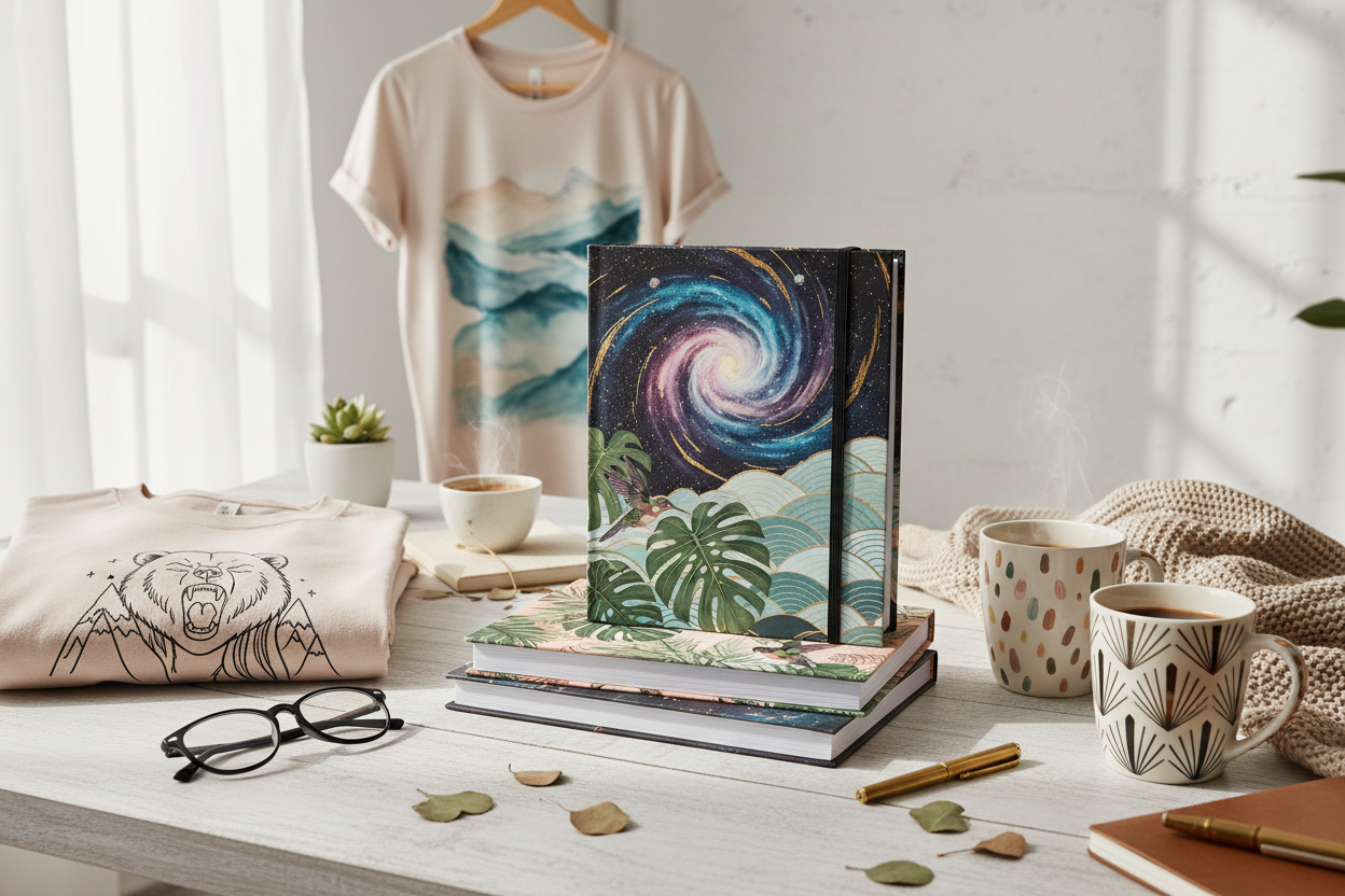 creative workspace with calm mood including desk, journal, coffee mug, laptop, pen having creative prints and soft shadows and pastel tones